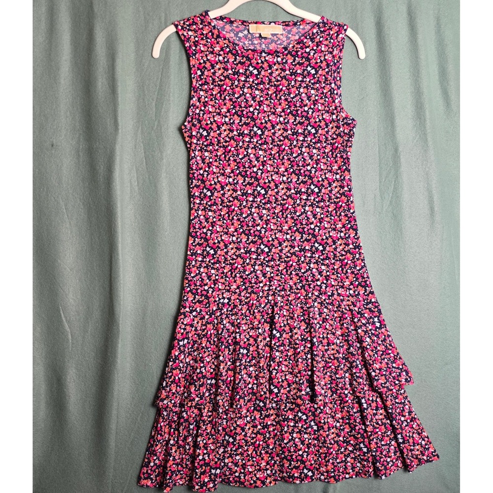 Michael Kors Womens XS Floral Tiered Ruffle Mini Dress Sleeveless Pink Navy Blue